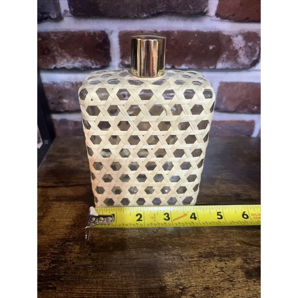 Vintage Wicker Wrapped Square Whiskey (?) Bottle With Metal Cap; has cork inside